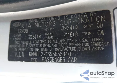 2009 Kia Spectra Ex from USA, damaged, VIN KNAFE221695655340